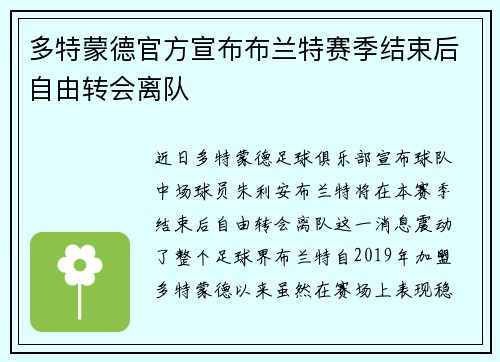 多特蒙德官方宣布布兰特赛季结束后自由转会离队